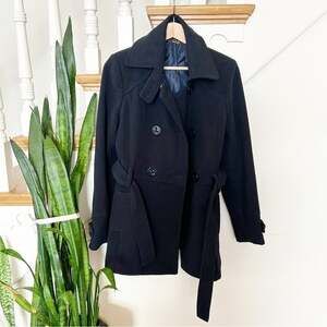 LOLA Made in Italy Womens Black Belted Waist Notched Lapel Winter Pea Coat Sz M